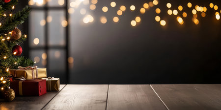 A beautifully decorated Christmas tree adorned with ornaments stands beside neatly wrapped gifts on a wooden surface. Soft lights twinkle in the background enhancing the holiday spirit.の素材