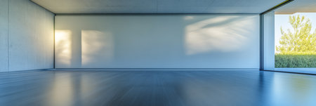Natural light floods a minimalist room featuring smooth wooden flooring and expansive windows. The wall reflects the calmness outside creating an inviting atmosphere for various activities.の素材