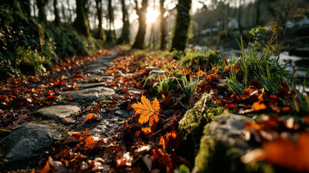 A peaceful forest path is covered in vibrant autumn leaves with sunlight streaming through the trees. The warm glow enhances the rich colors creating a serene atmosphere as evening approaches.の素材