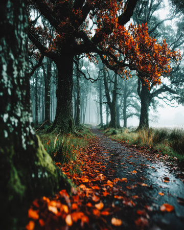 A winding pathway leads through a dense forest lined with towering trees. The ground is covered with vibrant orange leaves.の素材