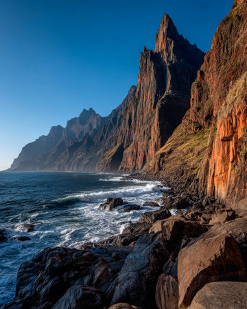 The rugged cliffs tower dramatically over the ocean reflecting golden sunlight. Waves crash against rocks in the foreground creating a serene coastal atmosphere during evening hours.の素材
