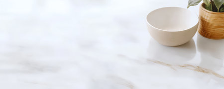 A smooth light-colored marble countertop showcases a simple ceramic bowl next to a small potted plant. The arrangement highlights a clean modern aesthetic perfect for any home.の素材