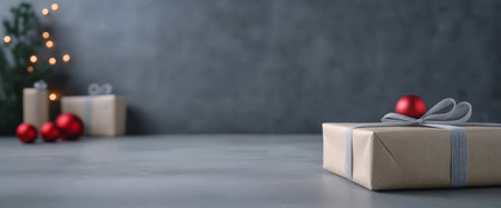 Wrapped presents sit on a smooth surface decorated with ribbons. A cozy Christmas tree with lights and ornaments creates a warm festive atmosphere in the background.の素材