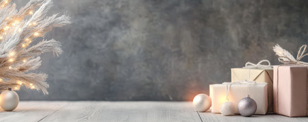 A beautifully arranged setting features a white snowy tree adorned with warm lights alongside elegantly wrapped gifts. The inviting atmosphere suggests a celebration perfect for the holiday season.の素材