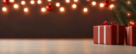 Brightly wrapped holiday gifts sit on a wooden floor next to a lush evergreen branch illuminated by warm string lights in a festive atmosphere creating a cozy holiday setting.の素材