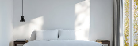 Minimalistic bedroom features a large bed with white linens. Natural light spills in through large windows creating a calm and serene atmosphere. Two bedside tables complete the clean design.の素材