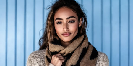A young woman displays a warm smile while wearing a stylish scarf. The blue backdrop enhances her features creating a vibrant atmosphere that highlights her approachable nature.の素材
