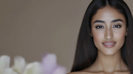 A young model is captured with long sleek hair and a warm smile set against a soft neutral backdrop. The focus is on her confident expression illuminating the charm of simplicity.の素材