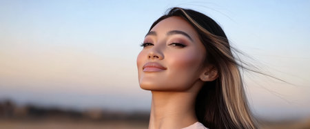 A young woman stands confidently outdoors showcasing her serene expression and stylish hair. The sunset casts a warm glow enhancing the peaceful atmosphere around her.の素材