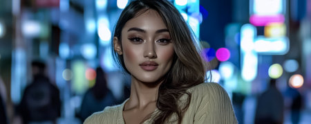 A young woman poses confidently outdoors in a lively urban area illuminated by colorful neon lights at night. The vibrant atmosphere highlights her striking features and stylish attire.の素材