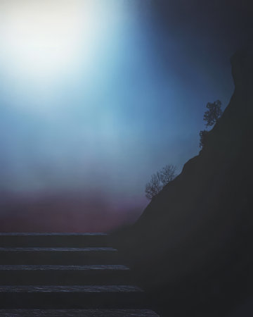 Stairs ascend towards a foggy area with a faint light illuminating the scene while a silhouette of a tree sits on the hillside creating an atmospheric setting at twilight.の素材