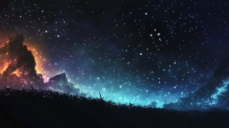 A stunning cosmic landscape features vibrant hues of orange and blue transitioning across a star-filled night sky. The silhouette of distant mountains adds depth to the celestial view.の素材