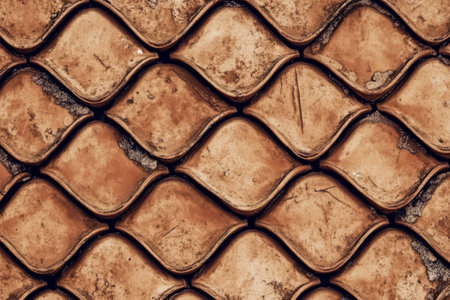 This close-up view reveals a stunning terracotta tile layout featuring wavy designs. The earthy tones highlight the craftsmanship and age of the tiles creating a warm and inviting ambiance.の素材