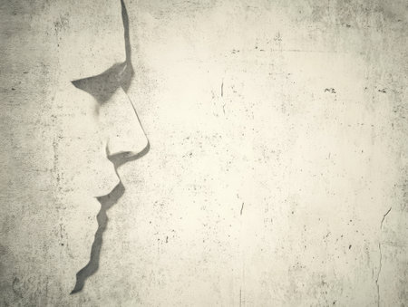 A unique concrete sculpture features a stylized human face in profile set against a textured wall. The artwork showcases detailed contours creating a thought-provoking visual.の素材