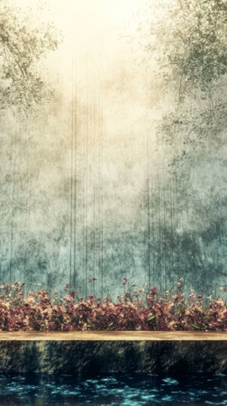 Beneath a soft golden light a peaceful garden unfolds. Colorful flowers bloom along the waters edge while trees create a calming backdrop. A serene atmosphere invites relaxation.の素材