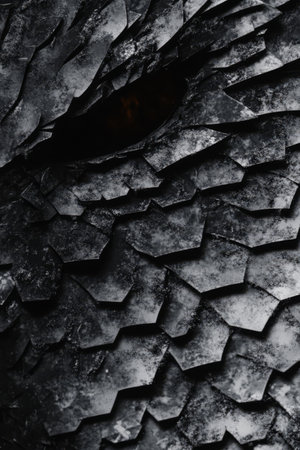 Close-up of dragon scales showcasing their dark rough texture and intricate patterns that highlight strength and mystery. The arrangement creates a mesmerizing visual effect.の素材