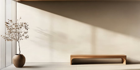 Sunlight casts soft shadows across a serene minimalist room featuring a smooth wooden bench and a decorative vase with delicate branches. The muted tones create a calming atmosphere.の素材