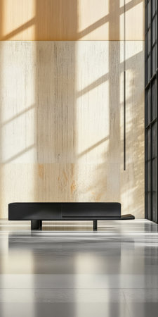 A spacious room features minimalist decor and a sleek black bench. Sunlight fills the area casting shadows on the textured wall.の素材