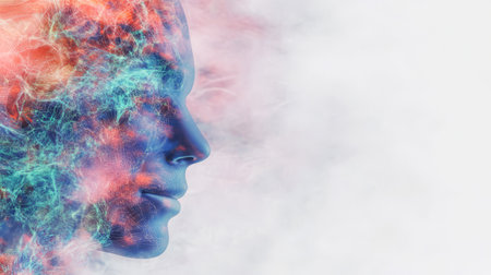 Colors blend and swirl around the silhouette of a human face depicting a fusion of emotions and thoughts. This artistic expression conveys depth and complexity in mental experiences.の素材