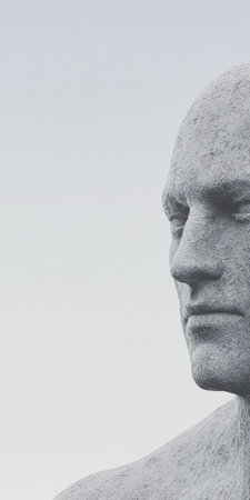 A detailed stone sculpture depicts a thoughtful figure gazing into the distance under a serene sky. The craftsmanship highlights textures and expressions that evoke deep emotions inviting reflection.の素材