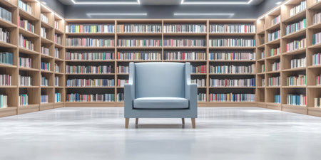 An inviting library features rows of bookshelves filled with various titles. A single light blue armchair sits in the center providing a cozy reading space.の素材