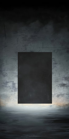 A large black canvas stands against a textured dimly lit wall. Soft illumination creates a mysterious aura around the artwork enhancing its abstract appeal in a minimalist environment.の素材