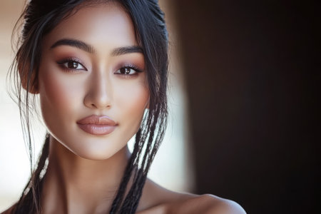 A young woman showcases her natural beauty with a soft expression delicate makeup and an elegant hairstyle. Sunlight illuminates her features creating a warm atmosphere.の素材