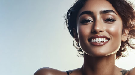A woman with short dark hair and a bright smile poses against a softly lit background showcasing her confidence and radiant look. The warm lighting highlights her features beautifully.の素材
