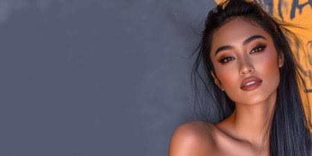 A young woman stands confidently showcasing her elegant features and striking makeup. Her long hair cascades down one side as she poses against a vibrant backdrop adorned with artistic elements.の素材