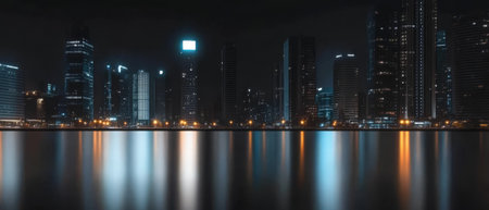 Tall skyscrapers illuminate the night with their lights reflecting beautifully on the calm waters beneath. This vibrant cityscape showcases urban energy and architectural design.の素材