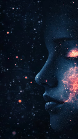 Celestial woman with cosmic elements in a dreamy dark backgroundの素材