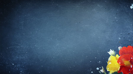 Bright flowers in shades of red and yellow are positioned on the lower right contrasting beautifully with a deep blue textured background. The atmosphere feels vibrant and artistic.の素材