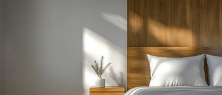 A serene bedroom space showcases a wooden headboard soft white bedding and a small plant on the nightstand. Sunlight casts gentle shadows enhancing the calming atmosphere.の素材