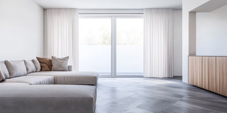 Spacious living area features a large soft sectional sofa and light-colored curtains. The room is filled with natural light from expansive windows enhancing the minimalistic decor.の素材