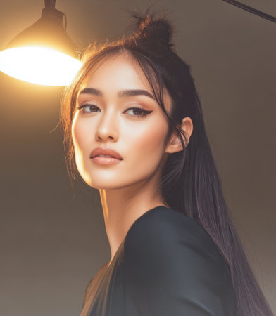 A model poses confidently under warm studio lighting featuring sleek hair and subtle makeup that highlights her features. The atmosphere suggests a fashion-focused environment.の素材