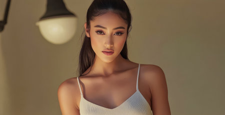 A woman with long dark hair stands confidently in a softly lit indoor setting. She wears a simple white top and gazes directly at the viewer showcasing her striking features and poise.の素材