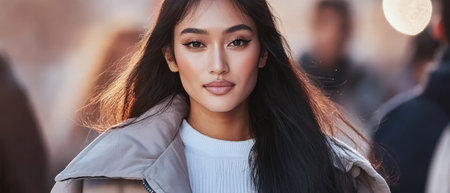 A stylish young woman with long black hair strolls through a lively city street radiating confidence as the warm light of sunset creates a captivating backdrop behind her.の素材