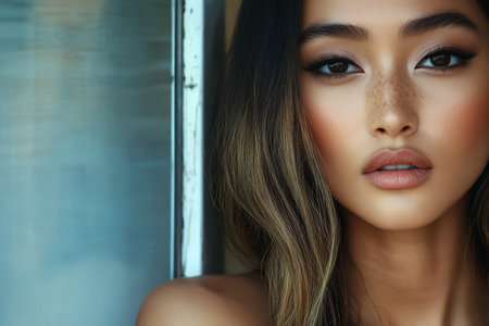 A woman stands close to a window showcasing her radiant skin and soft features. Her long hair frames her face beautifully as sunlight gently illuminates her.の素材