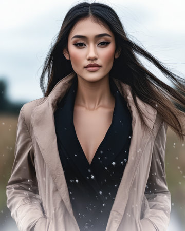 A young woman with long flowing hair stands confidently in a fashionable coat on a snowy day. The background features a soft-focus natural landscape enhancing her striking presence.の素材