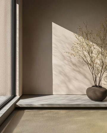 Soft sunlight filters through a large window casting delicate shadows on a neutral wall. A simple vase with branches adds a touch of nature to a calm and minimalist interior setting.の素材