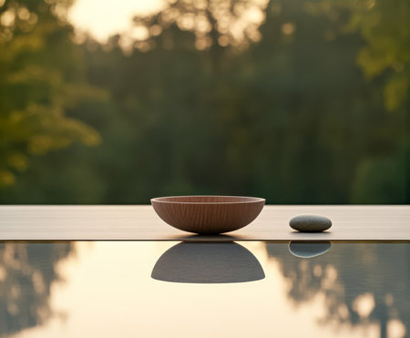 A peaceful wooden bowl accompanied by a smooth stone sits on a reflective table surrounded by greenery as the sun sets in the background creating a calm atmosphere.の素材