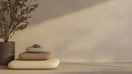 Simple yet sophisticated display featuring layered smooth stones and a flower arrangement in a modern vase. Natural light enhances the tranquility of the scene creating a serene ambiance.の素材