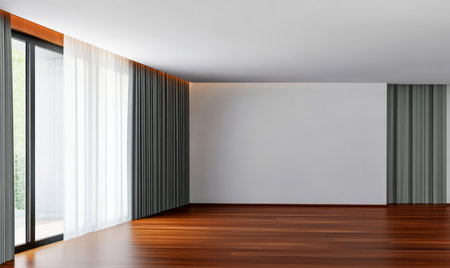Spacious interior features polished wooden flooring and large windows adorned with sheer curtains. The minimal design allows for ample natural light creating a bright atmosphere.の素材
