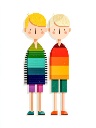 Two cheerful cartoon boys stand side by side each wearing brightly colored striped shirts. One has yellow hair and green shorts while the other has light blonde hair and a rainbow-patterned shirt.の素材