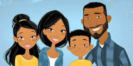 A cheerful family stands close together showcasing joyful smiles. Two children and their parents display love and warmth dressed in casual colorful clothing against a light blue backdrop.の素材