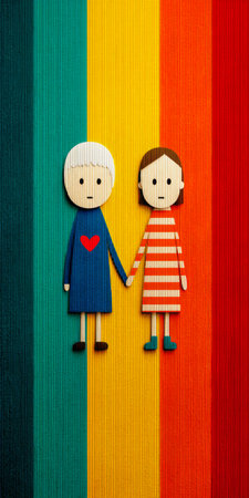 Two characters one with gray hair and one with brown hair hold hands against a colorful striped background. The setting represents friendship and connection in a playful artistic style.の素材