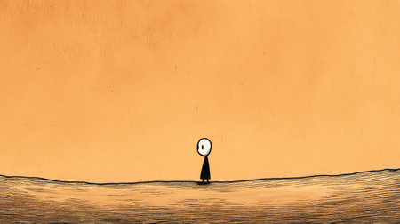 A solitary figure dressed in dark clothing stands on a textured barren surface. The warm orange sky creates a stark contrast evoking feelings of isolation and reflection during twilight.の素材