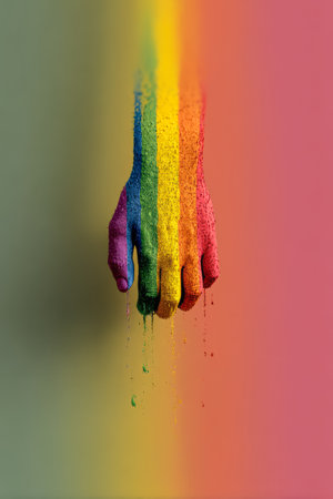 A hand holds grains of brightly colored sand allowing them to cascade down. The background features a gradient of soft pastel colors enhancing the artistic feel of the moment.の素材