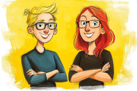 Two animated characters stand confidently side by side smiling broadly against a vibrant yellow backdrop. Their distinct hairstyles and glasses highlight their playful personalities.の素材