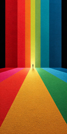 A lone figure stands at the center of vibrant rainbow rays extending from a dark background. The colorful bands create a surreal atmosphere suggesting exploration and imagination at dusk.の素材